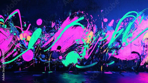 Blacklight graffiti wall, glowing fluorescent colors