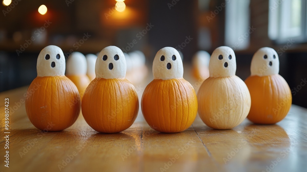 Colorful wooden ghost figures arranged in a row on a wooden table. Colorful wooden ghost figures arranged in a row on a wooden table.