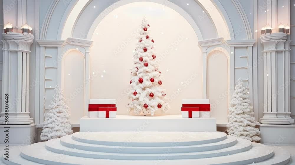 White christmas tree with red baubles standing on round white podium in white room with columns, perfect for showcasing your product White christmas tree with red baubles standing on round white podium in white room with columns, perfect for showcasing your product