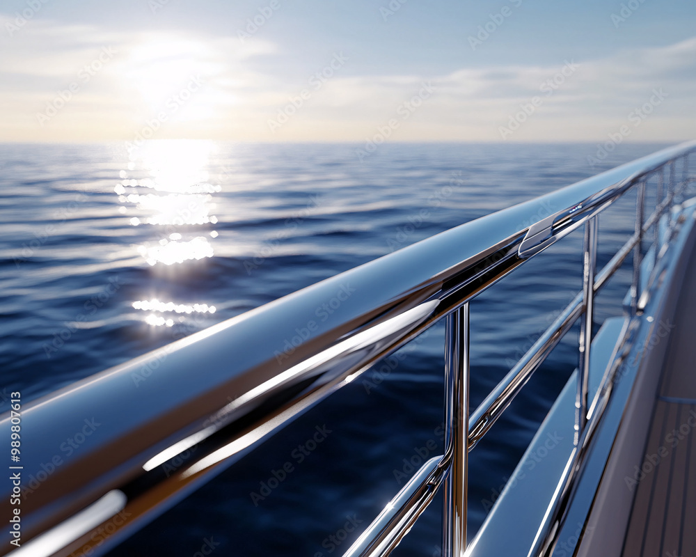 Obraz premium luxury yacht railing with ocean and sun reflection in background