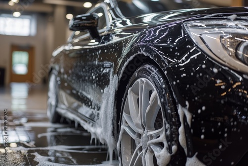 Foam automotive detailer washing a black car indoors at a vehicle cleaning facility on a bright day