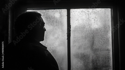 Man gazing through a foggy window, silhouette against the cold glass.