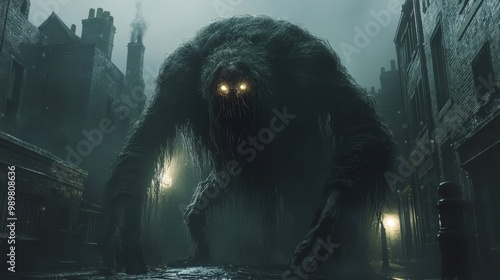 Mysterious creature lurking in a foggy urban setting at night. photo