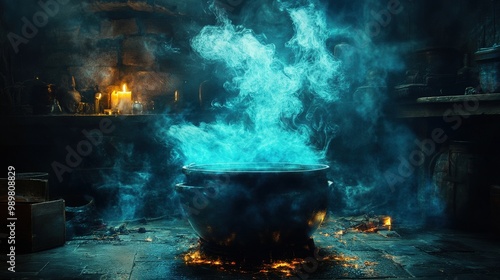 Mystical cauldron with blue smoke, dimly lit room, magical atmosphere