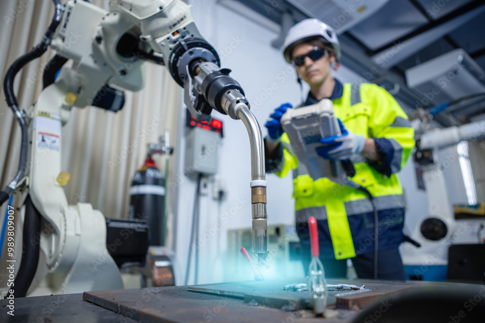 Close up head welding machine robot arm Industry. Technician engineer using remote control automation robotics at industrial modern lab factory. Close up head welding machine robot arm Industry. Technician engineer using remote control automation robotics at industrial modern lab factory.