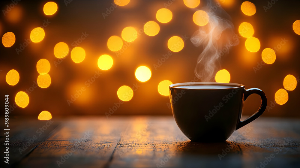 A steaming cup of coffee against a blurred bokeh background, creating a warm, inviting atmosphere. A steaming cup of coffee against a blurred bokeh background, creating a warm, inviting atmosphere.