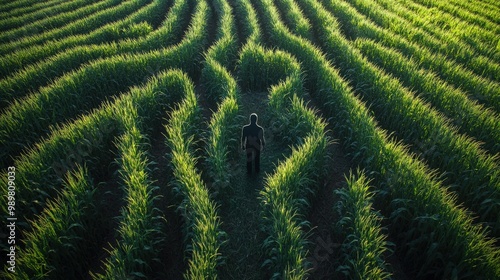 Person navigating through a lush green maze of cornfields.