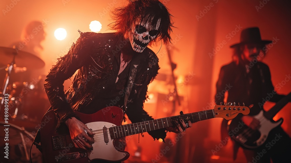 Obraz premium Rock musician performing on stage with dramatic lighting and intense expression.