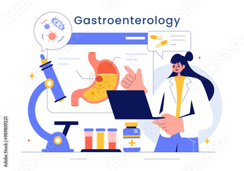 Stomach Health Gastroenterology Vector Illustration Featuring Abdominal Pain and Medical Research for Healthcare in a Flat Style Cartoon Background