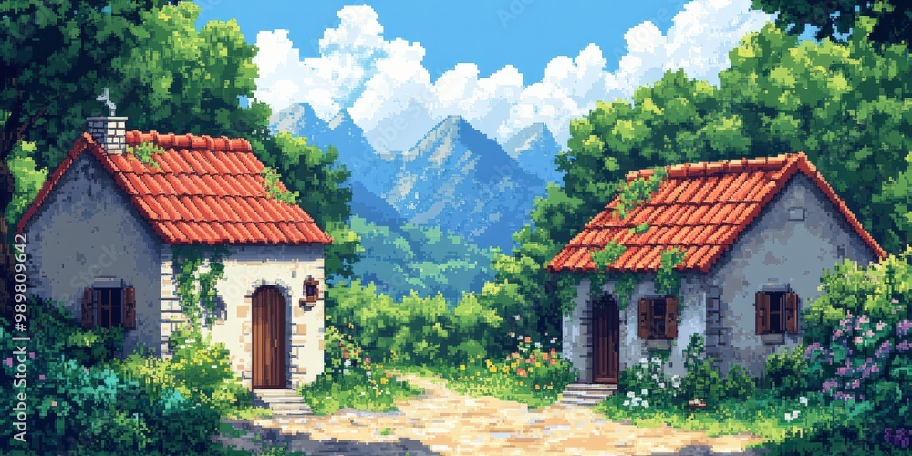 Pixel art of a rustic countryside house surrounded by nature Pixel art of a rustic countryside house surrounded by nature