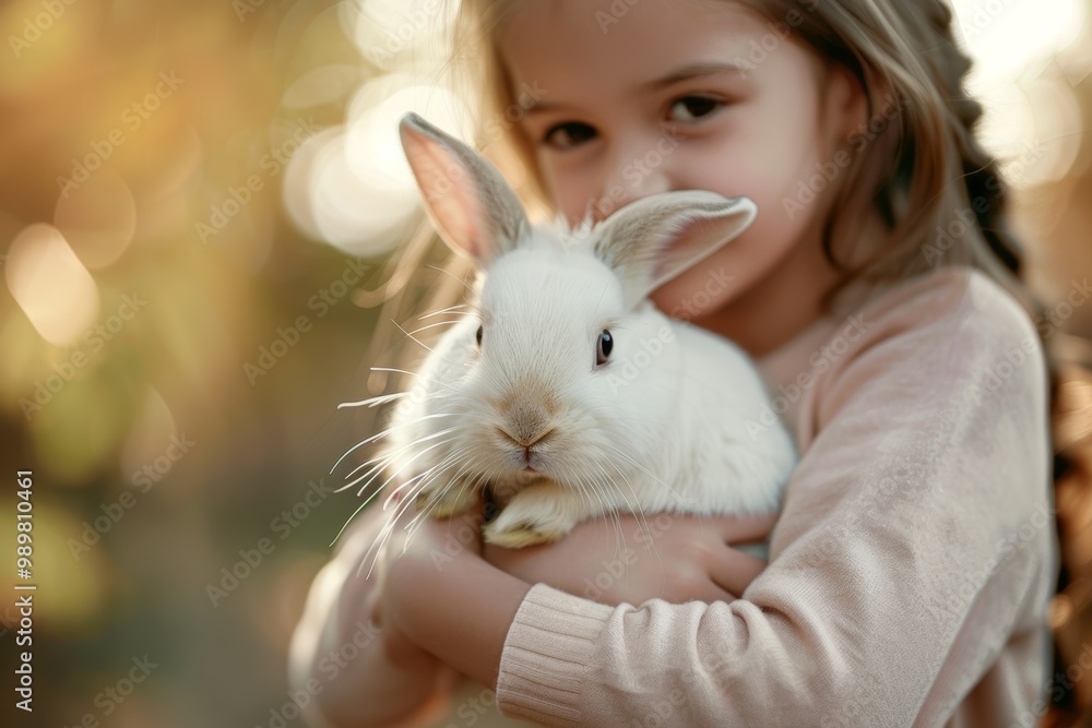 A girl cuddling a domestic rabbit in soft daylight with a blurred background capturing a warm moment of affection A girl cuddling a domestic rabbit in soft daylight with a blurred background capturing a warm moment of affection