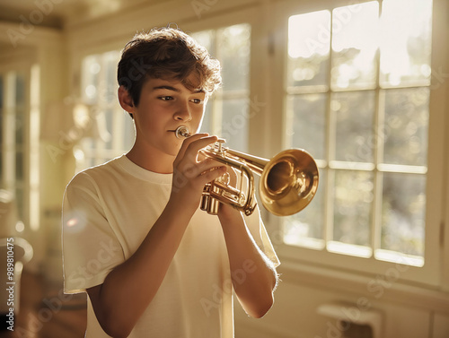 Obraz na płótnie A young man is playing a trumpet in a room with sunlight streaming in through the windows. Scene is cheerful and uplifting, as the boy is enjoying himself while playing his instrument w salonie