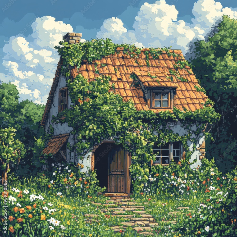 Pixel art of a rustic countryside house surrounded by nature Pixel art of a rustic countryside house surrounded by nature