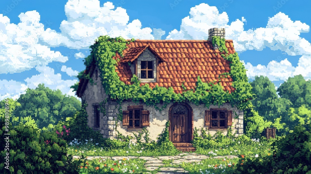 Obraz premium Pixel art of a rustic countryside house surrounded by nature