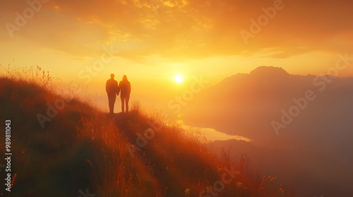 Silhouetted couple standing on a hilltop during a stunning sunset, surrounded by nature's beauty and vibrant colors. photo