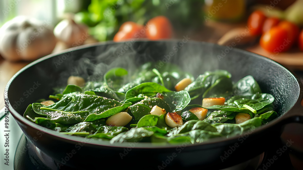 Fresh spinach cooking in a pan, delicious and healthy meal preparation with steam rising, vibrant colors of vegetables. Fresh spinach cooking in a pan, delicious and healthy meal preparation with steam rising, vibrant colors of vegetables.