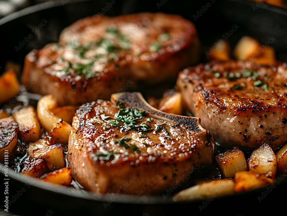 Deliciously cooked pork chops served with roasted potatoes in a skillet, garnished with herbs. Deliciously cooked pork chops served with roasted potatoes in a skillet, garnished with herbs.