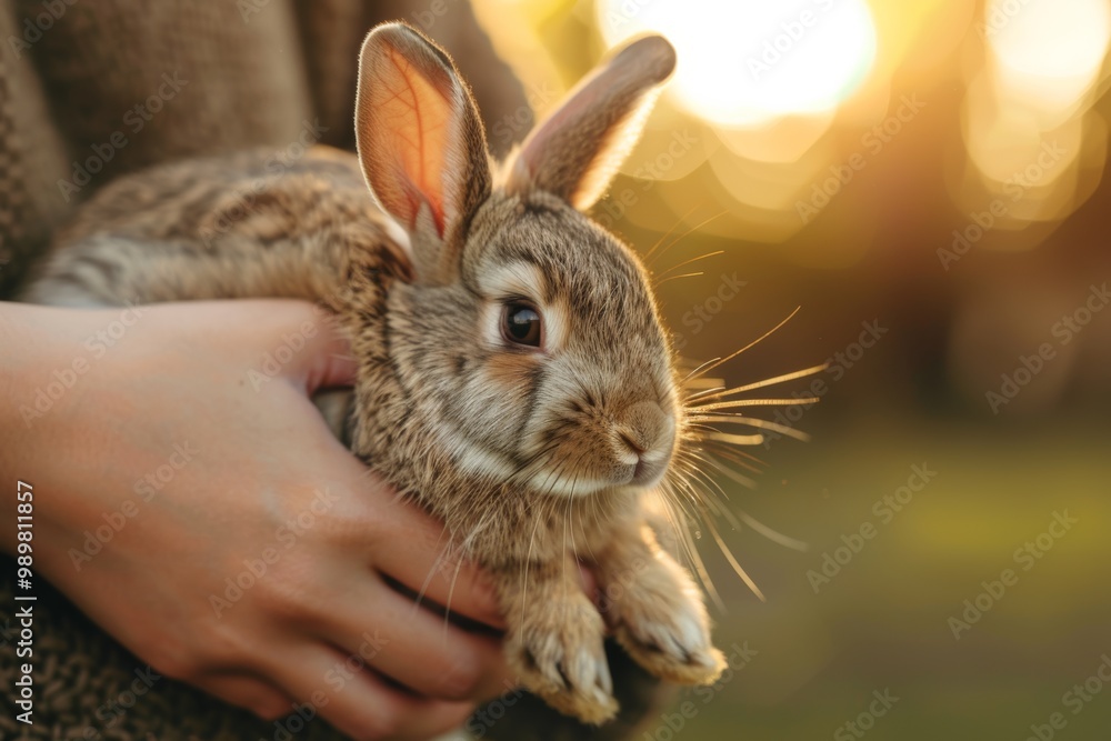Fototapeta premium A person holds a domestic rabbit gently in soft lighting with a blurred background during golden hour