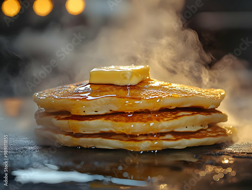 Delicious stacked pancakes with melting butter and dripping syrup, creating a warm and inviting breakfast scene. photo