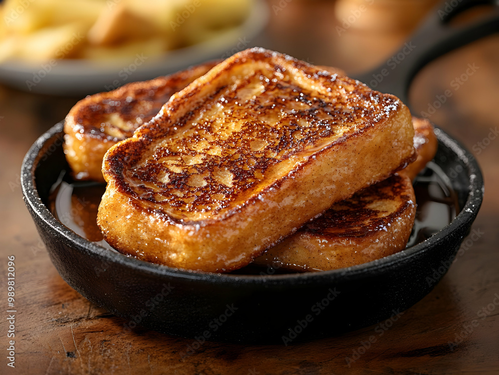 Delicious French toast slices served in a cast iron skillet. Delicious French toast slices served in a cast iron skillet.