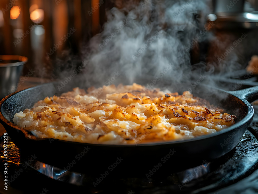 A delicious cheesy dish steaming in a skillet, showcasing golden-brown textures and mouthwatering appearance. A delicious cheesy dish steaming in a skillet, showcasing golden-brown textures and mouthwatering appearance.