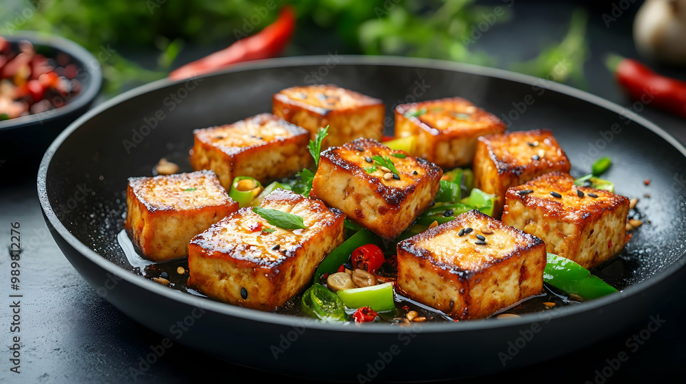 Fototapeta premium Deliciously grilled tofu cubes garnished with fresh herbs and spices, served in a sleek black pan.