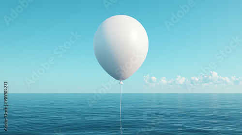 A single white balloon floating serenely above a calm ocean, surrounded by a clear blue sky, creating a sense of tranquility and freedom.