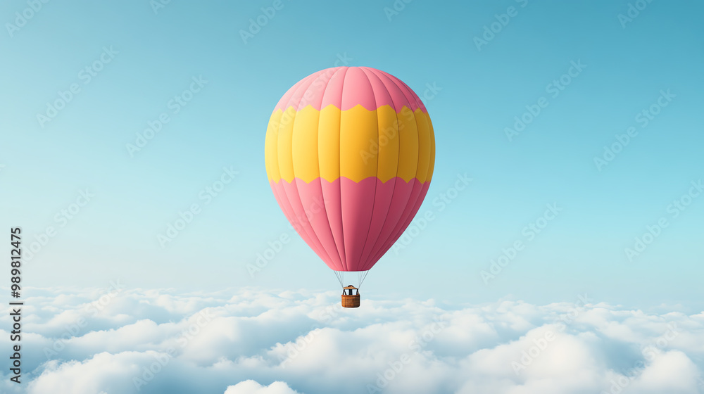 Fototapeta premium Colorful hot air balloon floating above soft, fluffy clouds in a clear blue sky, creating a serene and adventurous atmosphere.