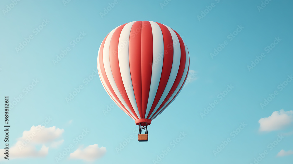 Fototapeta premium A vibrant red and white striped hot air balloon soaring against a clear blue sky, capturing the essence of adventure and exploration.
