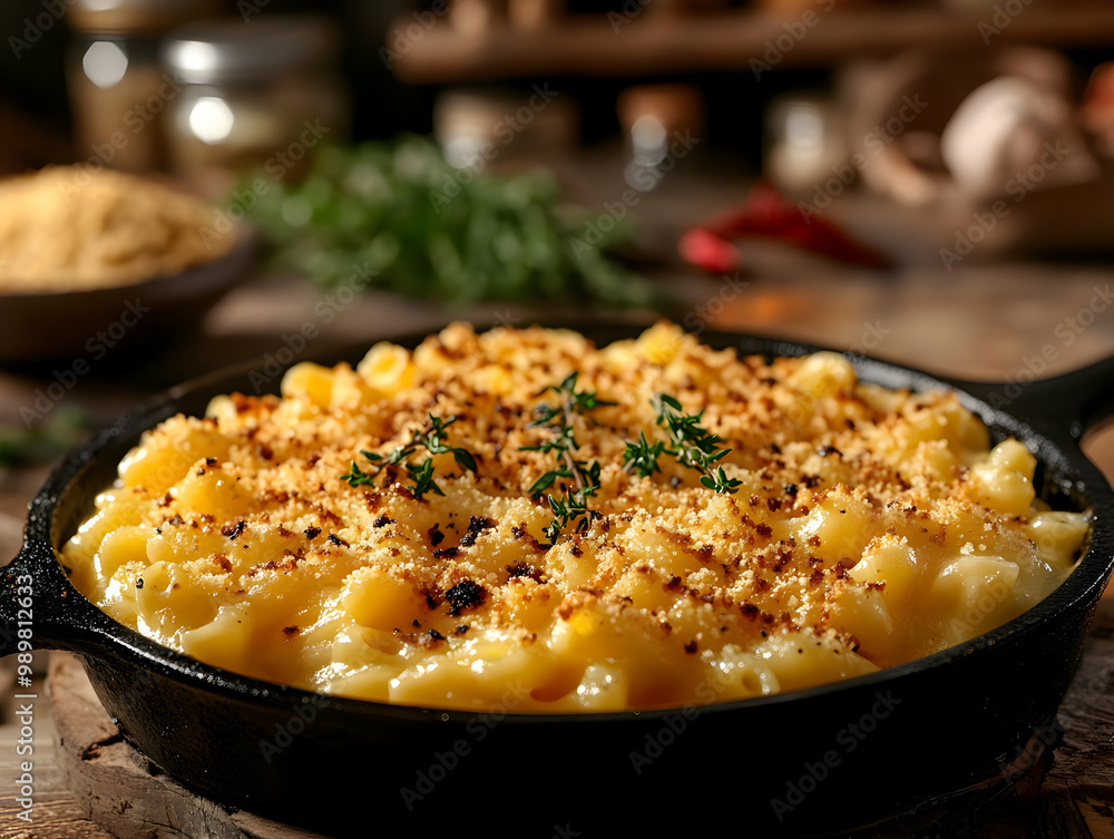 A delicious mac and cheese dish baked to perfection in a cast iron skillet, topped with crispy breadcrumbs and fresh herbs. A delicious mac and cheese dish baked to perfection in a cast iron skillet, topped with crispy breadcrumbs and fresh herbs.