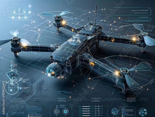 A drone is shown in a futuristic setting with a blue background. The drone is surrounded by a network of lines and dots, giving the impression of a complex and intricate system