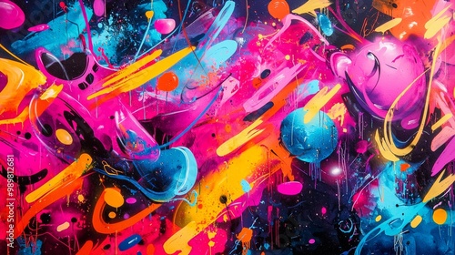 Energetic graffiti wall with explosive paint splashes, chaotic composition