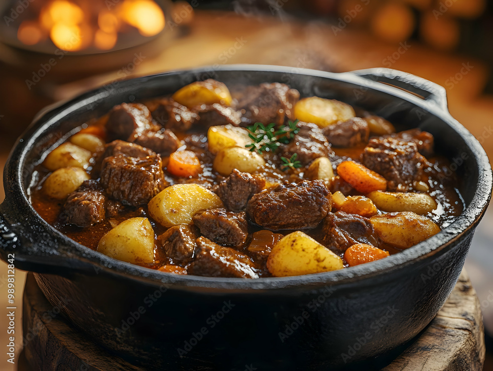 Hearty stew with carrots and potatoes, served in a cast iron pot, perfect for a cozy meal. Hearty stew with carrots and potatoes, served in a cast iron pot, perfect for a cozy meal.
