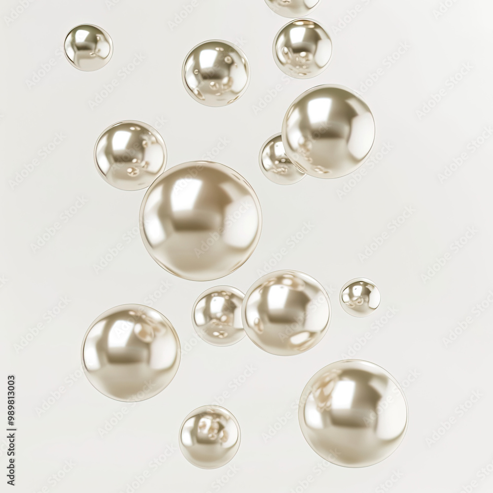 Pearls Falling Mid-Air with Soft Lighting and Reflections on White Background Pearls Falling Mid-Air with Soft Lighting and Reflections on White Background