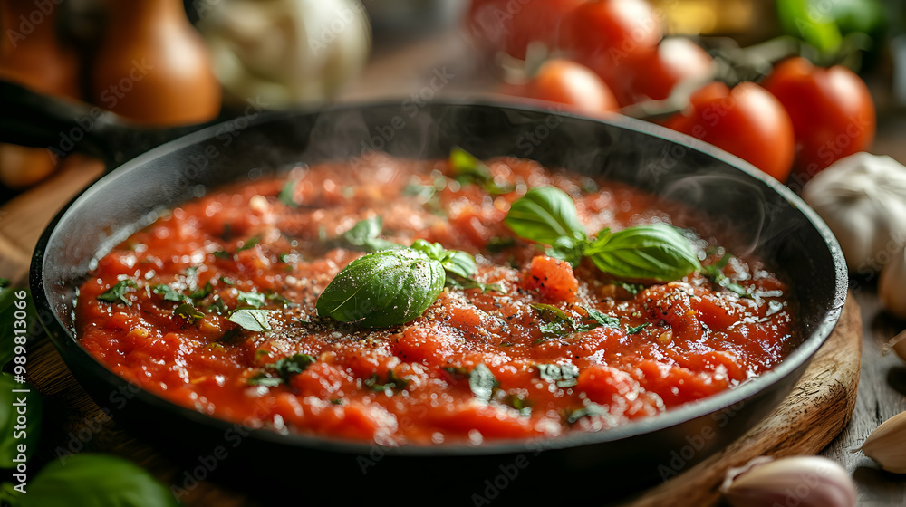 Delicious tomato sauce with fresh basil leaves in a skillet, surrounded by herbs and garlic, steaming and inviting. Delicious tomato sauce with fresh basil leaves in a skillet, surrounded by herbs and garlic, steaming and inviting.