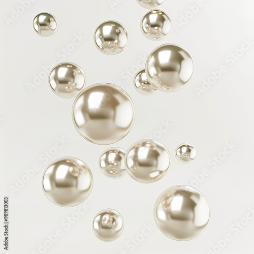 Pearls Falling Mid-Air with Soft Lighting and Reflections on White Background