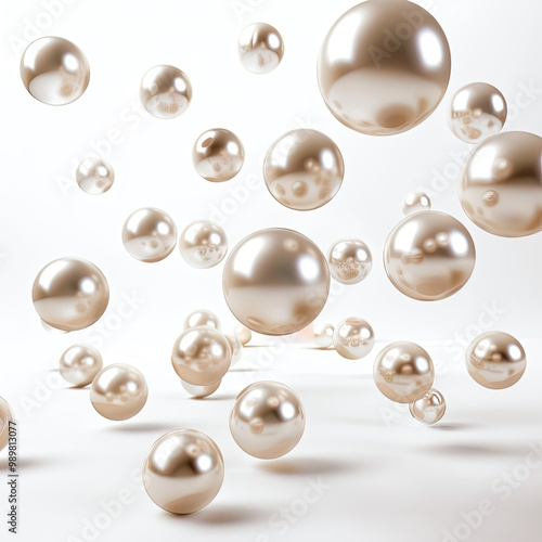 Falling Pearls in Mid-Air, Highlighting Smooth Surfaces and Gentle Shadows on White