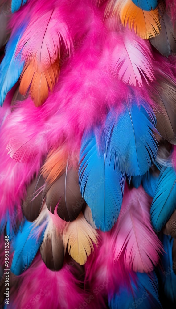 Vibrant feathers in a colorful pattern showcasing blues, pinks, oranges, and browns Vibrant feathers in a colorful pattern showcasing blues, pinks, oranges, and browns