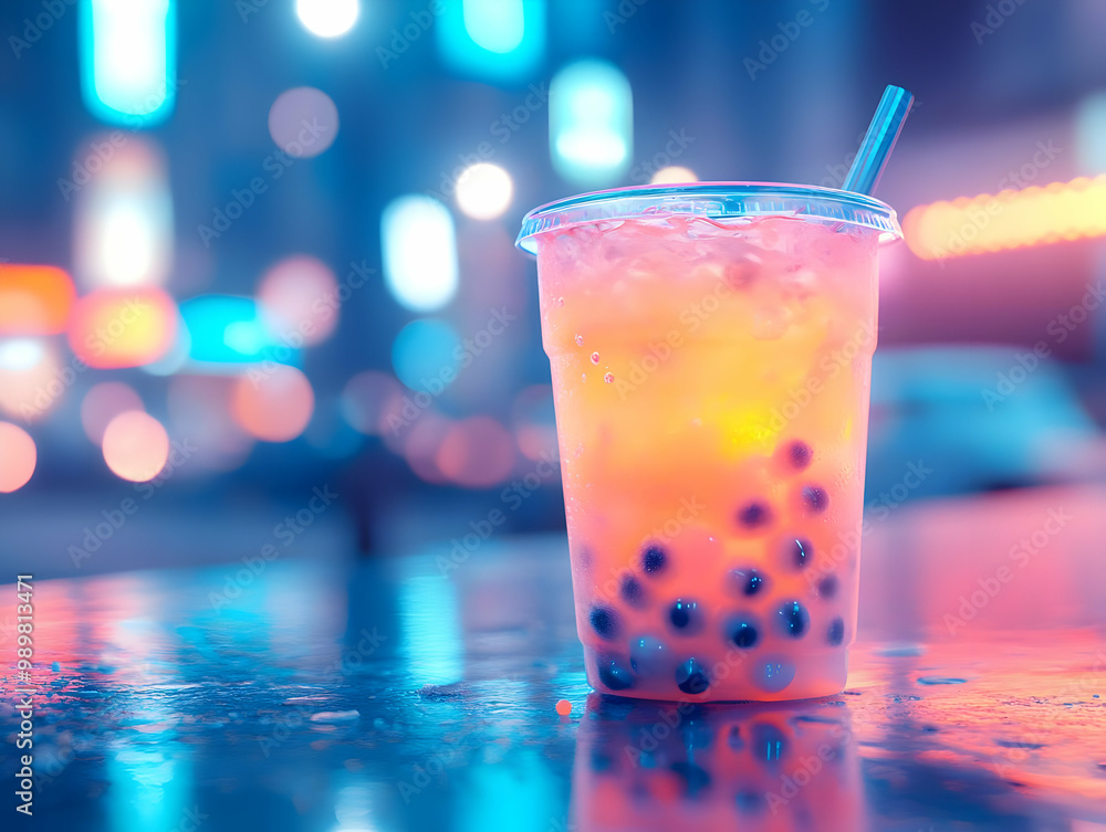 Colorful bubble tea drink with vibrant lights in the background, on a reflective surface. Colorful bubble tea drink with vibrant lights in the background, on a reflective surface.