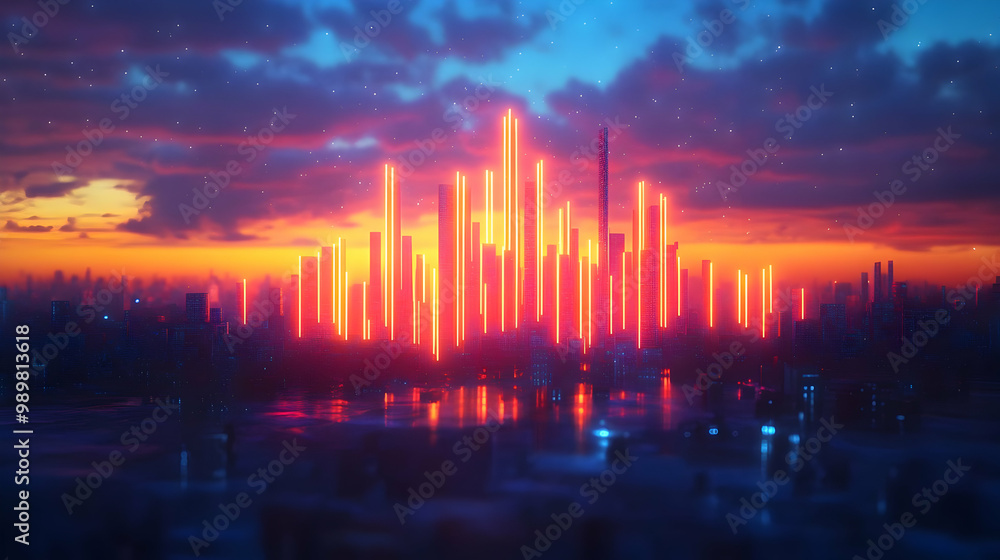 Futuristic skyline at sunset with illuminated structures against a colorful sky. Futuristic skyline at sunset with illuminated structures against a colorful sky.