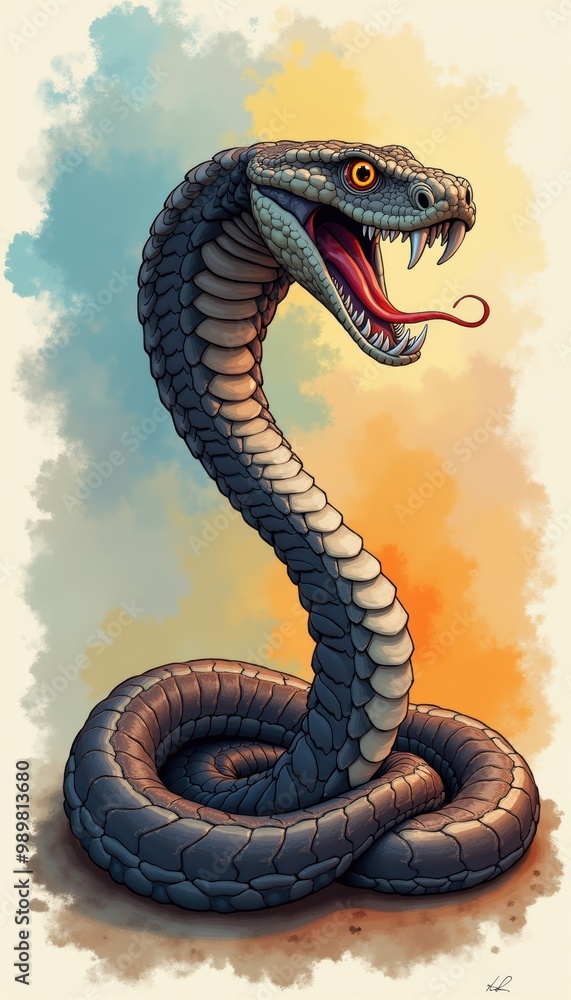 Fototapeta premium A vibrant and detailed illustration of a fierce snake, perfect for themes of danger, mythology, or nature in various creative projects.
