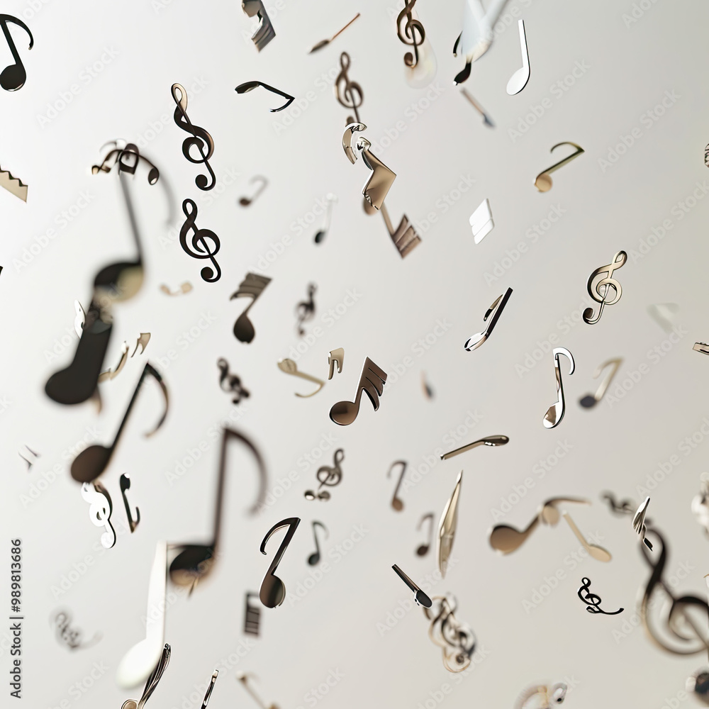 Floating Musical Symbols Suspended in Motion, Highlighting Metallic Sheen and Shadows