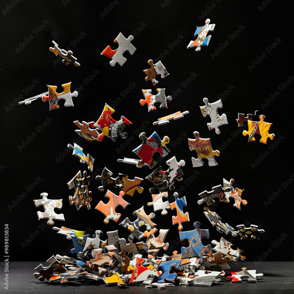 Puzzle Pieces Falling Mid-Air with Crisp Lighting and Shadows on a Black Background