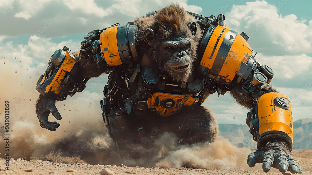 A robotic gorilla with yellow armor charges through a dusty landscape, showcasing a blend of nature and technology. A robotic gorilla with yellow armor charges through a dusty landscape, showcasing a blend of nature and technology.