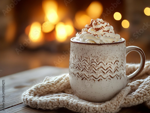 A cozy cup of hot chocolate topped with whipped cream, set against a warm fireplace backdrop.