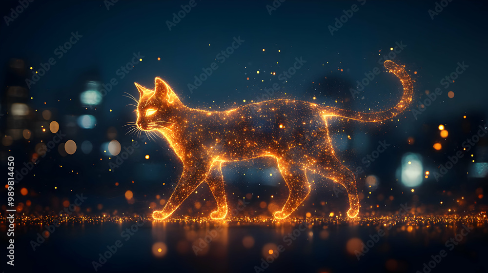 A luminous, ethereal cat walking gracefully amidst soft bokeh lights at night, exuding a magical aura.