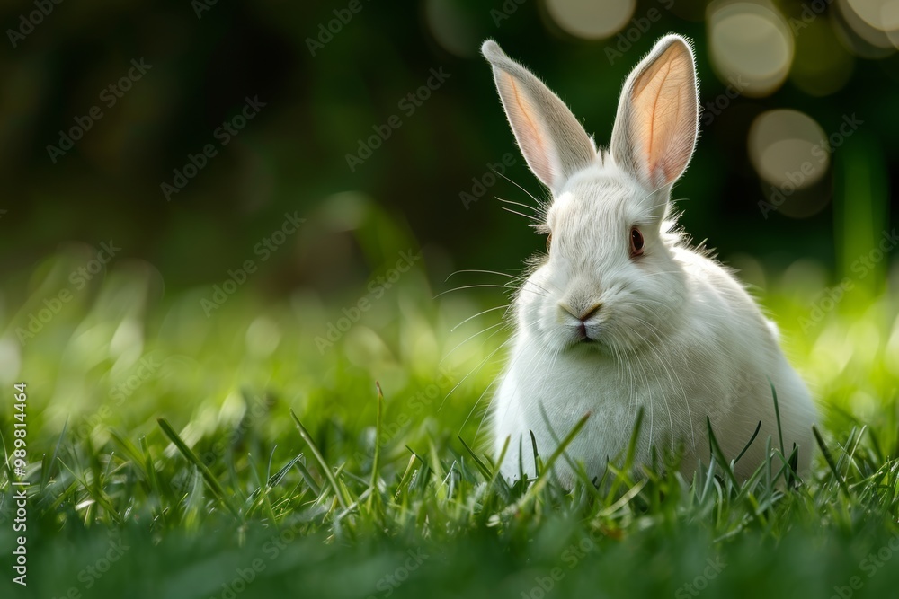 A white domestic rabbit with long ears sits on green grass in soft daylight, enjoying a peaceful moment outdoors A white domestic rabbit with long ears sits on green grass in soft daylight, enjoying a peaceful moment outdoors