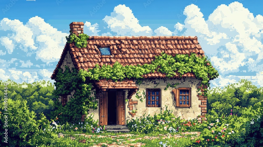 Pixel art of a rustic countryside house surrounded by nature Pixel art of a rustic countryside house surrounded by nature