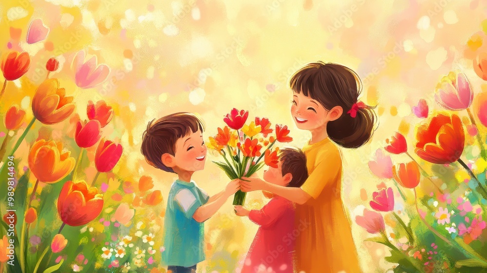 Children joyfully present colorful flowers to their smiling mother in a blooming garden Children joyfully present colorful flowers to their smiling mother in a blooming garden