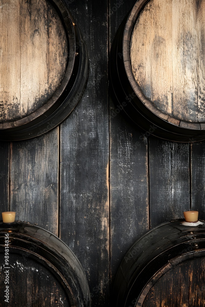 Wooden wine or cognac oak barrels stacked in cool cellar in distillery house. Craft beer or brandy production. Winery and winemaking. Wine aging process. Background for banner, poster, wallpaper Wooden wine or cognac oak barrels stacked in cool cellar in distillery house. Craft beer or brandy production. Winery and winemaking. Wine aging process. Background for banner, poster, wallpaper